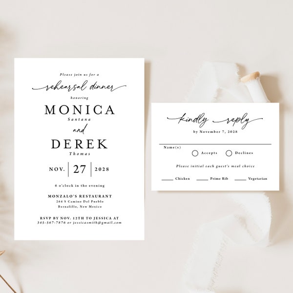 Rehearsal Dinner Invitation with RSVP card printed, black and white, minimalist invitation, modern wedding rehearsal invite, elegant, R105