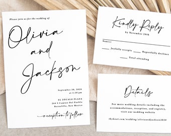 Simple Wedding Invitation Suite Printed, with envelopes, RSVP card, minimalist wedding invite, black and white, wedding details card, W149