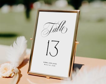 Classic Wedding Table Numbers Printed and Personalized: Black and White Formal Calligraphy Signs, TN126