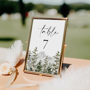 Mountain Wedding Table Numbers Printed: Forest Reception Cards, Destination Decor, TN110