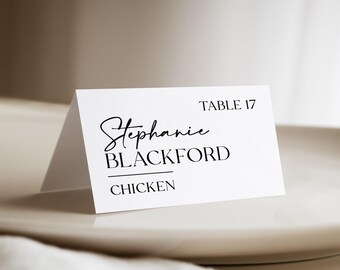 Simple Wedding Place Cards with Meal Choice, printed and personalized reception, black white, PC147