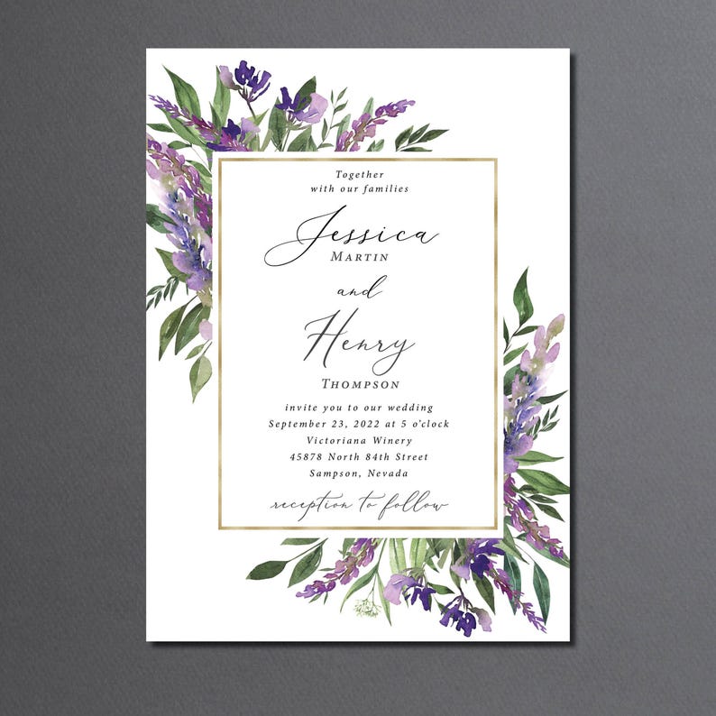Purple and Gold Wedding Invitation Suite printed: mail in RSVP details card, floral, W127 image 5