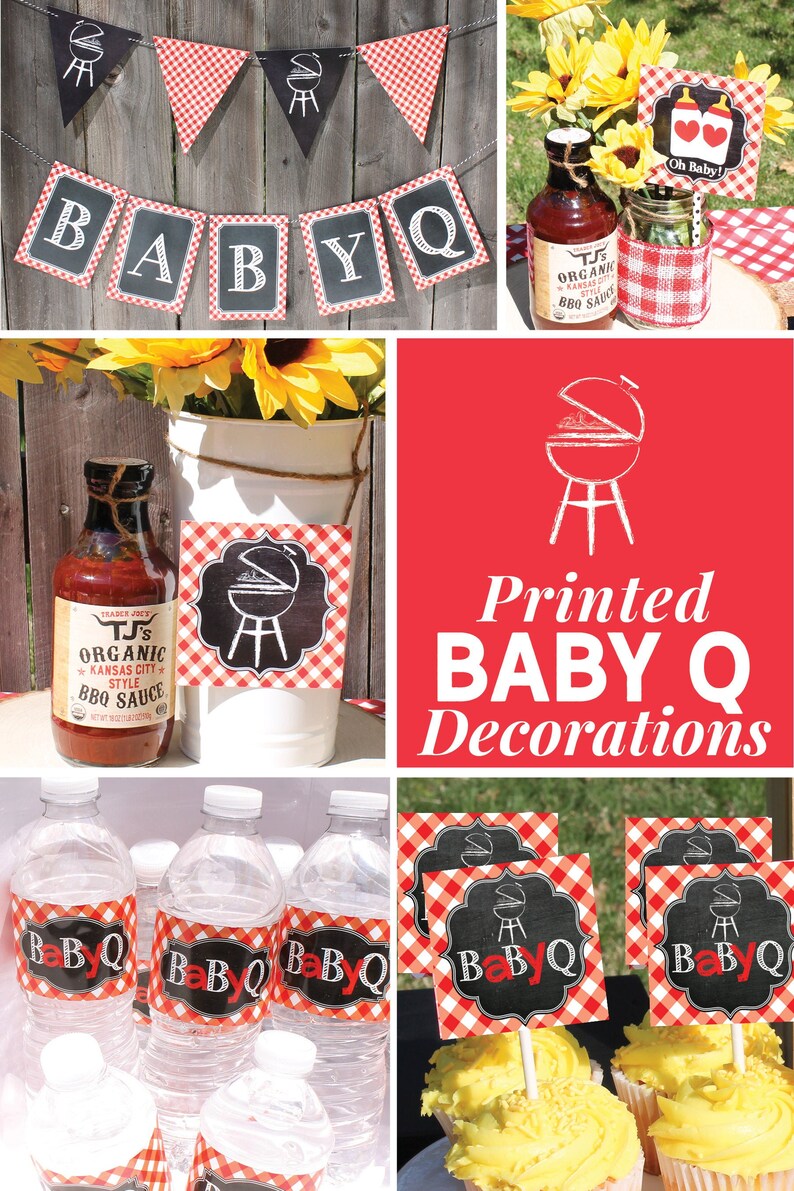 Printed Baby Q Shower Decorations Banner Cupcake Toppers Centerpiece Waterproof Water Bottle Labels