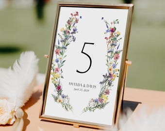 Wildflower Wedding Table Numbers Printed: Floral Reception Decor Signs, TN123