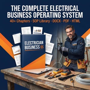 Könnte beinhalten: Ein digitales Produkt mit dem Titel The Complete Electrical Business Operating System, bestehend aus einem blau-orangen Ordner mit der Aufschrift Electrician Business OS, umgeben von Dokumenten und einem Techniker bei der Arbeit.