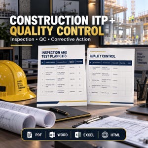 Può includere: Due documenti bianchi intitolati Inspection and Test Plan e Quality Control con tabelle, un casco di sicurezza giallo con testo, progetti arrotolati, una penna nera e una cartellina su una scrivania. Il testo in basso elenca PDF, WORD, EXCEL e HTML.
