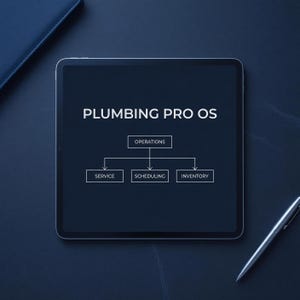 Op de afbeelding: Een tabletscherm met de tekst PLUMBING PRO OS boven een wit organigram. Het schema bevat een centraal vak met het label OPERATIONS met pijlen die naar drie vakken wijzen met de labels SERVICE, SCHEDULING en INVENTORY.