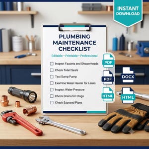 May include: A white clipboard with the text Plumbing Maintenance Checklist, Editable, Printable, Professional, and a list of tasks. Surrounding the clipboard are a black flashlight, copper fittings, a red pipe wrench, a silver wrench, and work gloves.