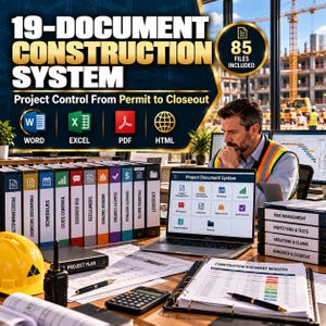 Könnte beinhalten: Ein digitales Baudokumentationssystem mit 19 Vorlagen und 85 Dateien. Das Bild zeigt einen Laptop mit einer Projektschnittstelle, eine Reihe beschrifteter Ordner, einen gelben Bauhelm, einen Taschenrechner und verschiedene Bauunterlagen.