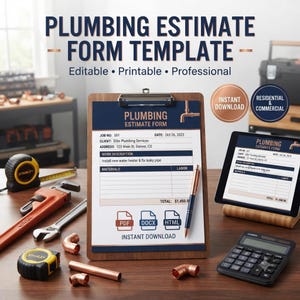 Peut inclure: Un modèle de formulaire d'estimation de plomberie sur un presse-papier avec un stylo, une calculatrice, une tablette et divers outils de plomberie, dont une clé serre-tube, des mètres rubans et des raccords en cuivre. Le document inclut des champs.