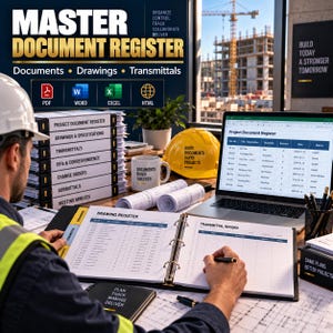 May include: A Master Document Register binder set featuring a stack of labeled binders, a laptop displaying a project document register spreadsheet, a yellow hard hat, a white mug, and a person writing in an open binder on a desk.