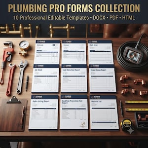 May include: A collection of ten professional plumbing forms including estimate, invoice, work order, job sheet, leak detection, sewer scope, hydro jetting, backflow prevention, and material list templates, displayed with various plumbing tools.