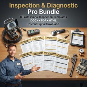 May include: Inspection & Diagnostic Pro Bundle featuring 8 professional inspection templates in DOCX, PDF, and HTML formats. Includes a plumbing camera system, flashlight, tablet, pressure gauge, pipe wrench, and work gloves on a wooden surface.