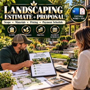 May include: A landscaping estimate and proposal document template featuring sections for scope, materials, pricing, and payment schedule. The document includes icons for each category and is presented in a professional format with editable Word and PDF options.