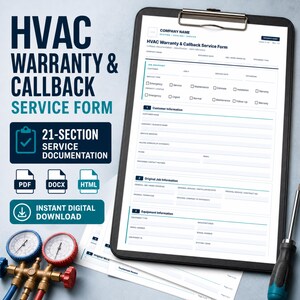 Könnte beinhalten: Ein schwarzes Klemmbrett mit einem HVAC-Garantie- und Rückruf-Serviceformular mit Abschnitten für Kundeninformationen, Auftragsdetails und Gerätedaten. Das Dokument enthält Kontrollkästchen für Servicetypen sowie einen Schraubendreher.