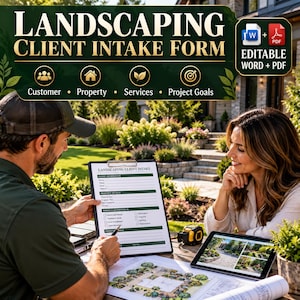 Può includere: Un modulo di acquisizione clienti per paesaggistica con sezioni per cliente, proprietà, servizi e obiettivi del progetto. Documento modificabile in formato Word e PDF, con testo e linee verdi su sfondo bianco e una cartellina.