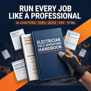 以下が含まれることがあります： 白い文字でElectrician Field Operations Handbookと書かれた紺色の手帳を、手袋をした手が持っています。手帳の周囲には、作業準備チェックリストやパネル点検シートなどの書類が配置されています。