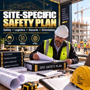 May include: A construction professional in a white hard hat and high-visibility vest reviews a Site Safety Plan binder. The workspace includes blueprints, a yellow hard hat with text, a measuring tape, and a sign labeled Site-Specific Safety Plan.