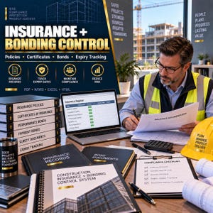 Puede incluir: Un sistema de control de seguros y fianzas de construcción con un portátil que muestra un registro de seguros, carpetas de documentos, una lista de verificación de cumplimiento, un casco amarillo y un vaso negro.