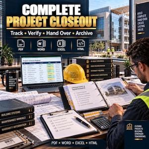 May include: A project closeout workspace featuring a laptop displaying a register, a yellow hard hat, a binder labeled Operations & Maintenance, a Project Closeout Checklist, a black mug with text, and stacked binders labeled As-Built Drawings.