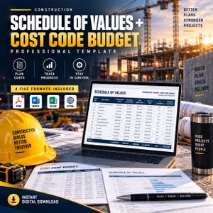 May include: A digital construction schedule of values and cost code budget template displayed on a laptop screen and printed paper. Includes a yellow hard hat, a black tumbler with text, a measuring tape, and a pen on a construction site background.