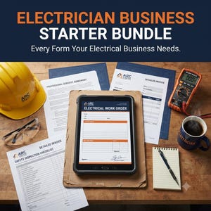 May include: An electrician business starter bundle featuring a yellow hard hat, safety glasses, a digital tablet displaying an electrical work order, printed forms including a professional services agreement, a detailed invoice, a safety inspection checklist, a multimeter, a notepad, and a pen.