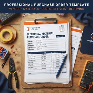 May include: A professional purchase order template for Voltguard Electric on a clipboard. The document lists electrical materials, costs, and delivery details. A blue pen rests on the paper, surrounded by wire nuts, electrical tape, and a multimeter.