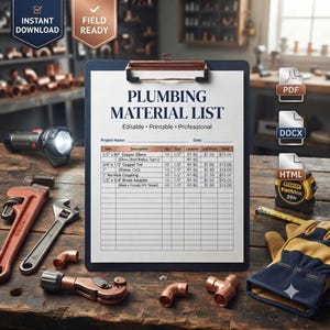 May include: A dark blue clipboard holding a white Plumbing Material List document with columns for item, description, quantity, size, location, unit price, and total. The clipboard is surrounded by plumbing tools, copper fittings, and work gloves.