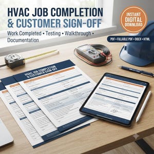 May include: A digital HVAC job completion and customer sign-off form template displayed on paper and a tablet screen. The set includes a blue hard hat, a multimeter, a measuring tape, and a pen. The text reads HVAC JOB COMPLETION & CUSTOMER SIGN-OFF.