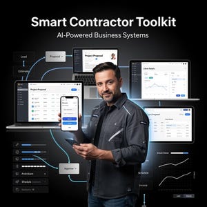Puede incluir: Un gráfico digital titulado Smart Contractor Toolkit AI-Powered Business Systems que muestra a una persona sosteniendo un teléfono inteligente con una pantalla de presupuesto, rodeado de varias pantallas de portátiles y tabletas con flujos de trabajo.
