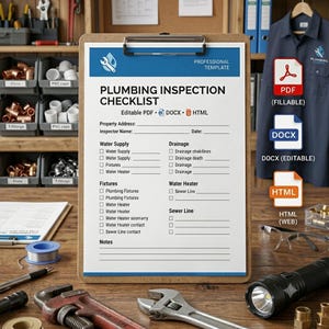 May include: A brown clipboard holding a white Plumbing Inspection Checklist document with blue headers and text. The form includes sections for Water Supply, Drainage, Fixtures, Water Heater, and Sewer Line, with icons for PDF, DOCX, and HTML formats.