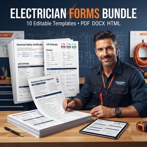 Electrician Forms Bundle, Service Work Orders, Safety Checklists Estimates, Jsa Loto (PDF DOCX HTML)