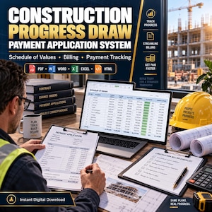 May include: A digital construction progress draw payment application system displayed on a laptop screen, featuring a schedule of values, billing, and payment tracking. Includes a construction billing checklist, a payment application form, and a yellow hard hat.