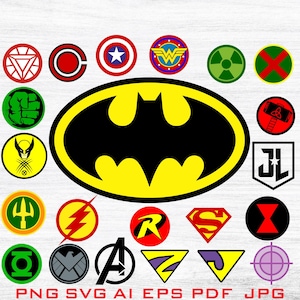 Könnte beinhalten: Eine Sammlung digitaler Grafiksymbole mit verschiedenen Superhelden- und Comic-Emblemen, darunter das Batman-Fledermaussymbol, das Superman-Schild, das Wonder Woman-Logo, das Captain America-Schild und weitere Charakter-Insignien in leuchtenden Farben.