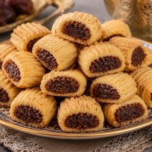 Peut inclure: Un tas de petits biscuits cylindriques fourrés aux dattes disposés sur une assiette décorative. Chaque biscuit présente une pâte extérieure striée brun doré clair avec une garniture aux dattes sombre et texturée visible aux deux extrémités.