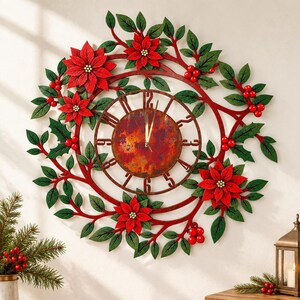 May include: A round wall clock featuring a central dial with a rusted orange finish and dark brown numerals. The frame is decorated with red poinsettia flowers, green leaves, and clusters of small red berries arranged in a circular wreath pattern.