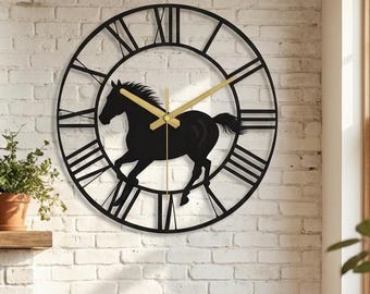 Reloj de pared metálico con silueta de caballo al galope, reloj con números romanos, decoración de estilo western, reloj de pared grande, arte de pared de estilo rústico.