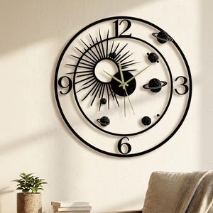 Può includere: Un orologio da parete circolare nero caratterizzato da un design a sole con raggi radianti sul lato sinistro e diversi piccoli pianeti sferici testurizzati con anelli posizionati sul quadrante. L'orologio presenta i grandi numeri 3, 6, 9 e 12.