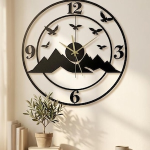 Wanduhr aus Metall mit fliegenden Vögeln in den Bergen, rustikale, natürliche und geräuschlose Dekoration, neutrale Wohnzimmerdekoration, Geschenk für Wanderer und Naturliebhaber
