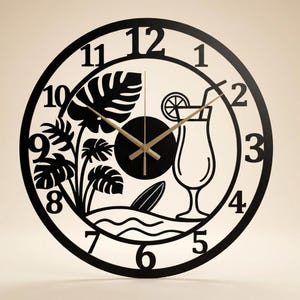 Tropical Metal Wall Clock, Surf Cocktail Beach House Decor, Silent Summer Art
