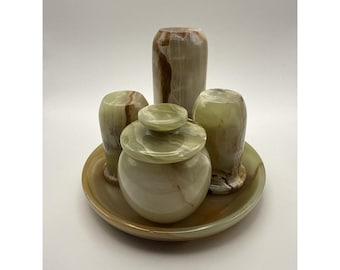 Vintage ~ Brown Green Ivory Marble Onyx Salt and Pepper Shakers ~ Set