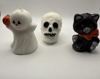 Set Of 3 Vintage Halloween Candles Ghost And Pumpkin- Black Cat - Skull