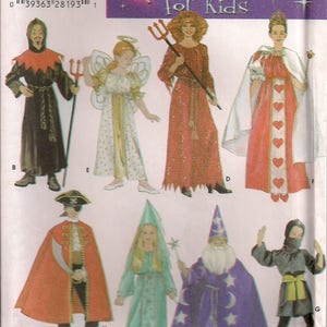 May include: A sewing pattern for children's costumes. The pattern includes designs for a devil, angel, witch, pirate, wizard, and ninja. The pattern is from Simplicity and is number 4461.