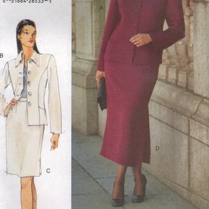 May include: A sewing pattern for a two-piece suit. The pattern includes a jacket with a faux fur collar and a skirt. The pattern is for sizes 14W-16W-18W. The pattern number is 9932.