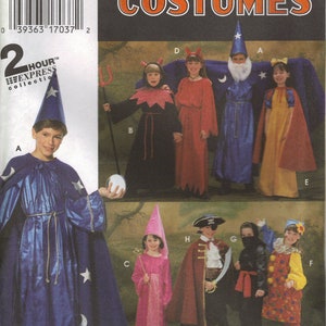 May include: Simplicity Costumes sewing pattern number 9703 for making children's costumes. The pattern includes instructions for making a wizard, devil, princess, pirate, and clown costume. The pattern is for sizes A, S, M, and L.