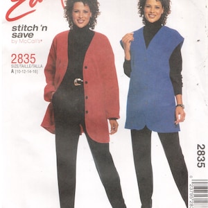 May include: Sewing pattern for a red cardigan and a blue vest. The pattern is for sizes 10-12-14-16. The pattern is called "Easy stitch 'n save" by McCall's.