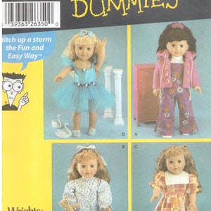 May include: Simplicity Sewing Patterns for Dummies pattern number 5670 for 18 inch dolls. The pattern includes four different outfits: a blue ballerina dress, a purple and white floral jumpsuit with a pink jacket, a blue and white pajama set, and a yellow and orange dress with a white collar.
