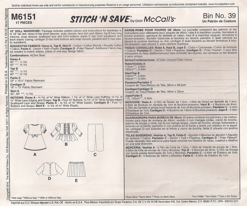 McCall's Sewing Pattern M6151 18 Doll Wardrobe image 2