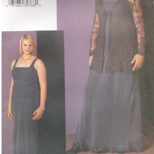 May include: A sewing pattern for a long, sleeveless dress with a lace overlay. The pattern is for sizes 14W-16W-18W. The pattern number is 7386.