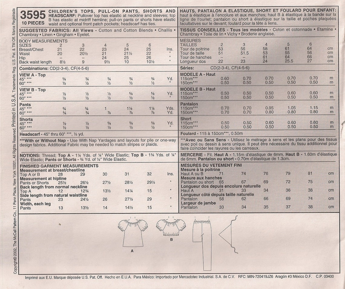Mccall's Sewing Pattern 3595 Girls' Tops, Pants, Shorts and Headscarf 2 ...